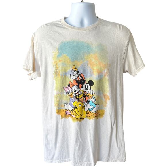 Disney Mickey & Friends Group Graphic Tee Cream Crewneck T-Shirt M Retro - Picture 1 of 5